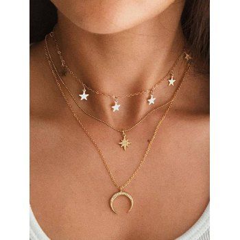 

Rhinestone Moon Star Pendants Trendy Layered Necklace, Golden