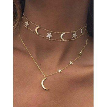 

2 Pcs Necklace Rhinestone Moon Star Trendy Necklace, Golden