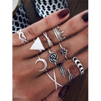 

10 Pcs Rose Heart Moon Crown Triangle Trendy Rings Set, Silver