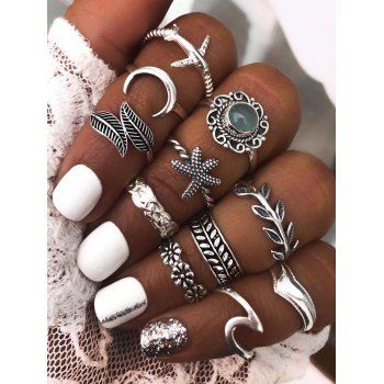 11 Pcs Leaf Moon Flower Starfish Trendy Rings Set, Silver