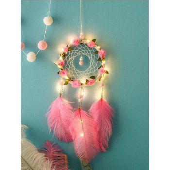 

Rose Beaded Faux Feather LED Trendy Hanging Wall Dream Catcher Home Decor, Light pink