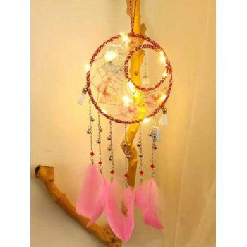 

Butterfly Artificial Crystal Bell Fringe Faux Feather LED Hanging Wall Dream Catcher Home Decor, Light pink