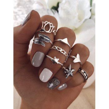 

8 Pcs Flower Leaf Star Heart Triangle Trendy Rings Set, Silver