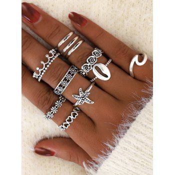 

11 Pcs Flower Heart Starfish Trendy Rings Set, Silver