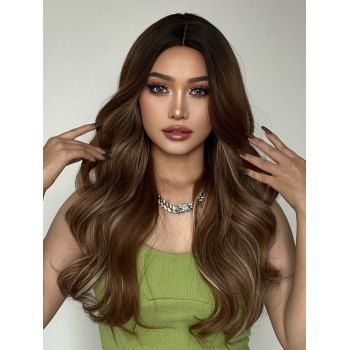 Wavy Highlight Middle Part Capless Long Trendy Synthetic Wig, Brown