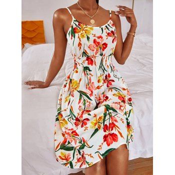 

Vacation Dress Floral Leaf Print Shirred Spaghetti Strap Sleeveless High Waisted A Line Midi Dress, Multicolor