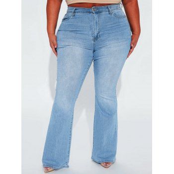 

Plus Size Flare Jeans Light Wash Zipper Fly Pockets Leaf Embroidery High Waisted Casual Denim Pants, Blue