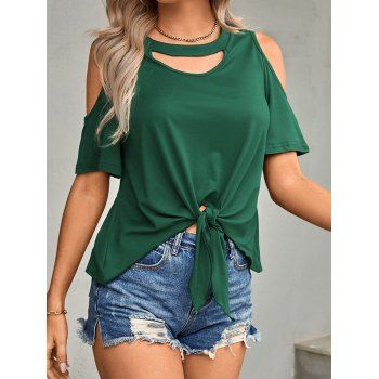 Cold Shoulder T Shirt Plain Color Cut Out Tied Casual Tee, Deep green