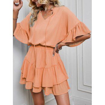 

Plain Color Chiffon Dress Ruffle V Neck Flutter Sleeve Layered High Waisted A Line Mini Dress, Light orange