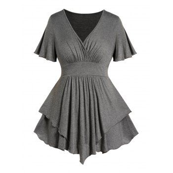 Plus Size Tee Layered Asymmetric T-shirt Surplice Plunging Neck Short Sleeve T Shirt, Dark gray