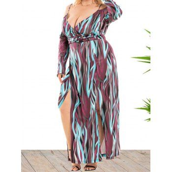 

Plus Size & Curve Dress Stripe Print Cold Shoulder Maxi Dress Surplice Plunge Twist High Slit Dress, Blue