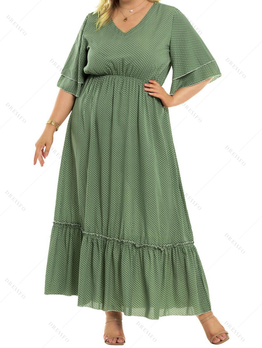 Plus Size & Curve Dress Polka Dots Print Maxi Dress V Neck High Waist Flounce Long Dress - GREEN 3XL