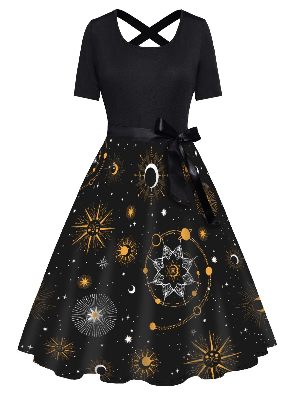 Celestial Sun Moon Star Galaxy Print Short Sleeve Dress Bowknot Cross High Waist A Line Dress - BLACK XXL