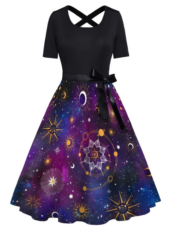 Robe Ligne A Etoile Lune Soleil Galaxie Imprimés à Taille Haute avec Nœud Papillon - Pourpre S