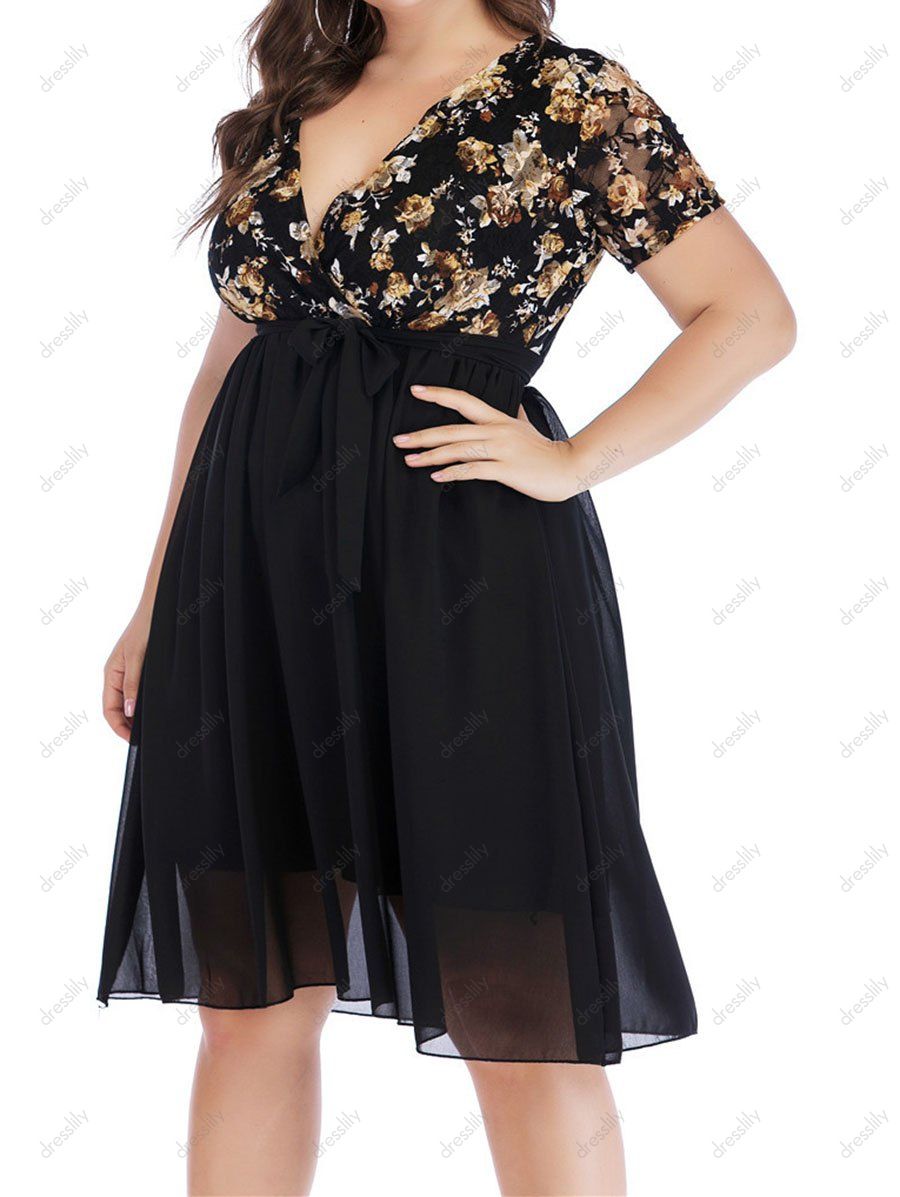 Plus Size Dress Flower Print Mesh Surplice Belted High Waisted A Line Mini Vacation Dress - BLACK 3XL