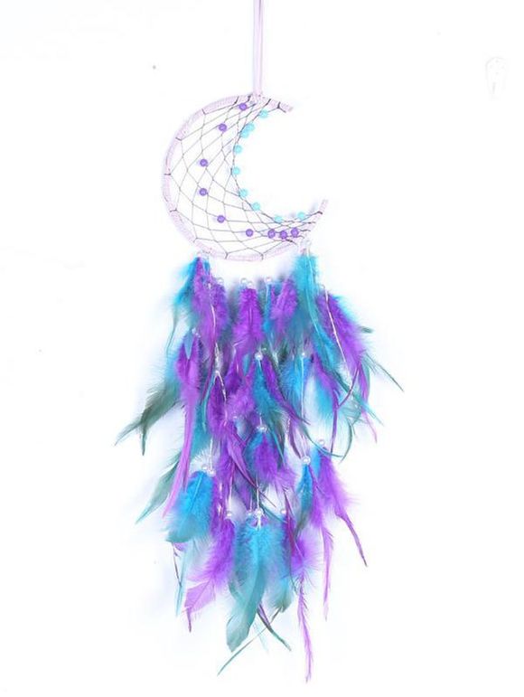 Attrape-Rêve Fait-Main Motif Plumes de Lune Colorée et Perles Fantaisies Décor Maison - Violet clair 44 CM X 15 CM