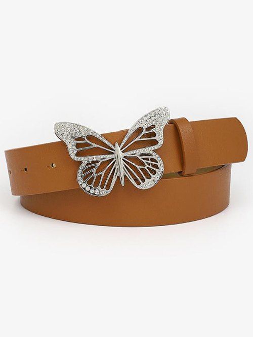 Rhinestone Hollow Out Butterfly Buckle PU Belt - multicolor C 