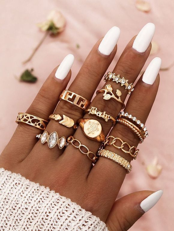 12 Pièces Ensemble de Bague Elégante Géométrique Feuille Etoile avec Strass - d'or 