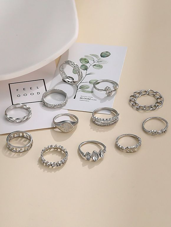 12 Pièces Ensemble de Bague Elégante Géométrique Feuille Etoile avec Strass - Argent 