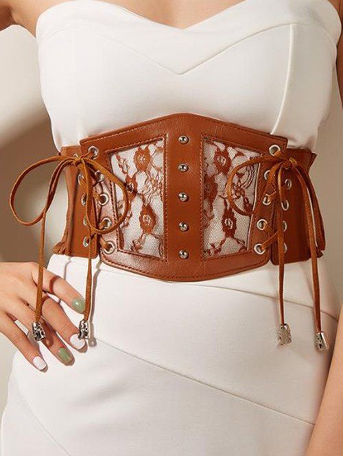 Lace Up Flower Lace Rivet Wide Belt - multicolor B 