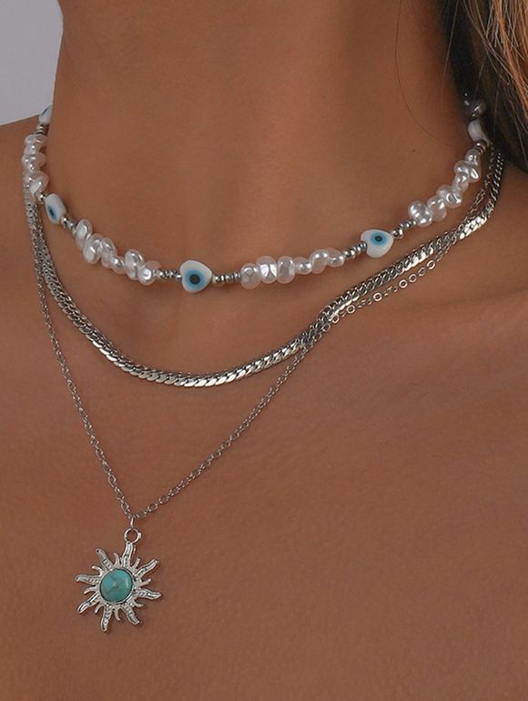 Collier à Plusieurs Branches avec Pendentifs Perle et Soleil en Turquoise Fantaisie - Argent 
