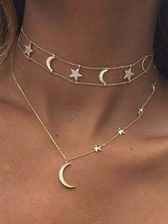 2 Pièces Collier Tendance en Forme de Lune et Etoile en Strass - d'or PACK OF 2