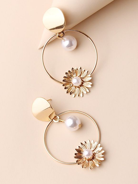 Boucles D'Oreilles Pendantes Cercle Fleur avec Fausse Perle - d'or 1 PAIR