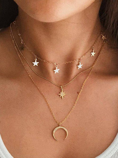 Rhinestone Moon Star Pendants Trendy Layered Necklace - GOLDEN 