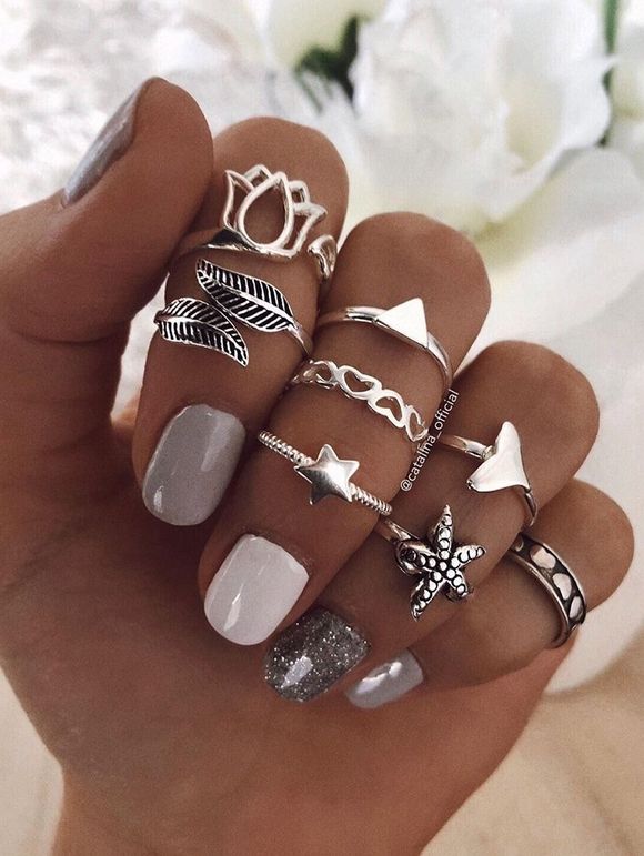8 Pièces Ensemble de Bague Triangle Fleur Feuille Cœur - Argent 
