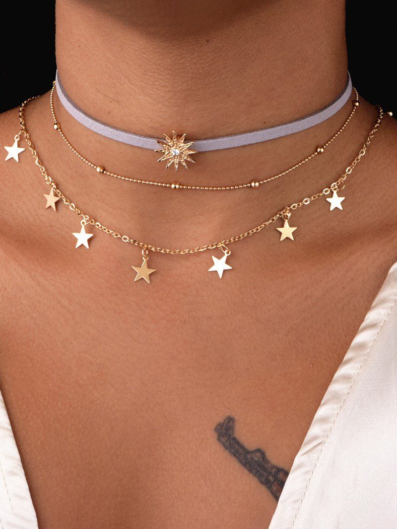 Star Charms Sun Rhinestone Trendy Layered Necklace - GOLDEN 