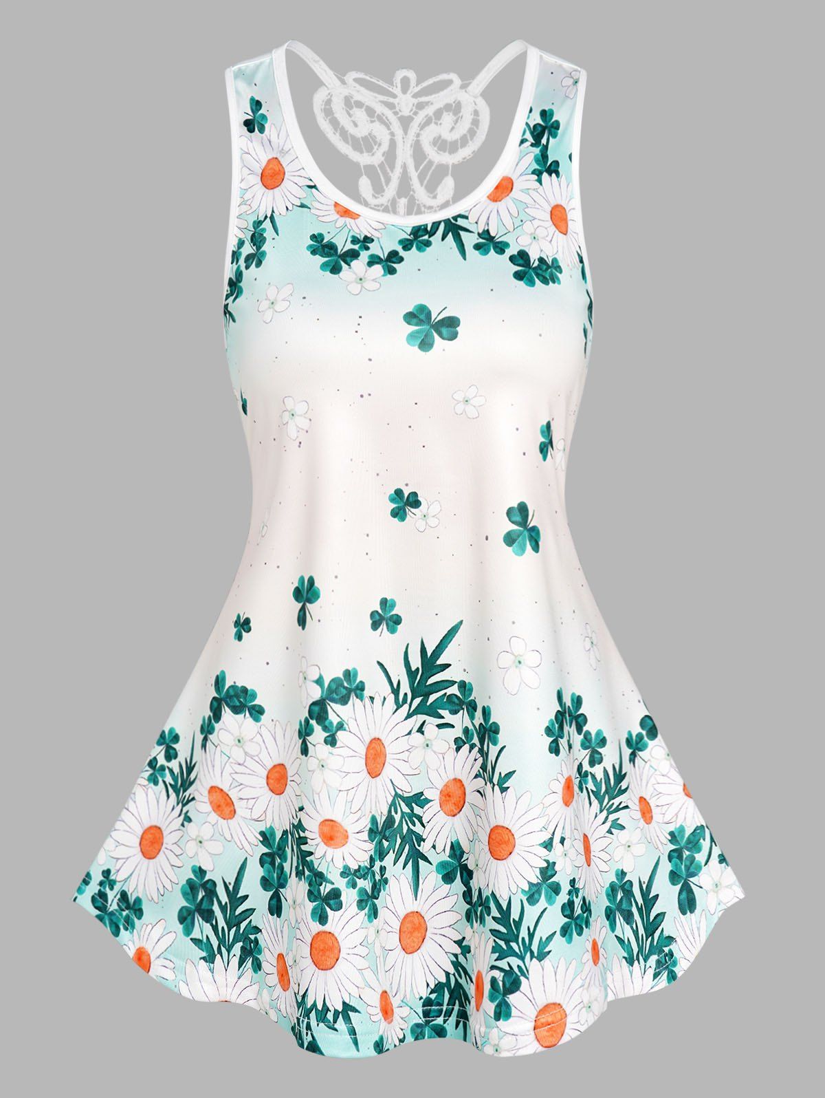 Allover Daisy Print Vacation Tank Top Guipure Lace Insert Casual Tank Top - LIGHT GREEN XXL