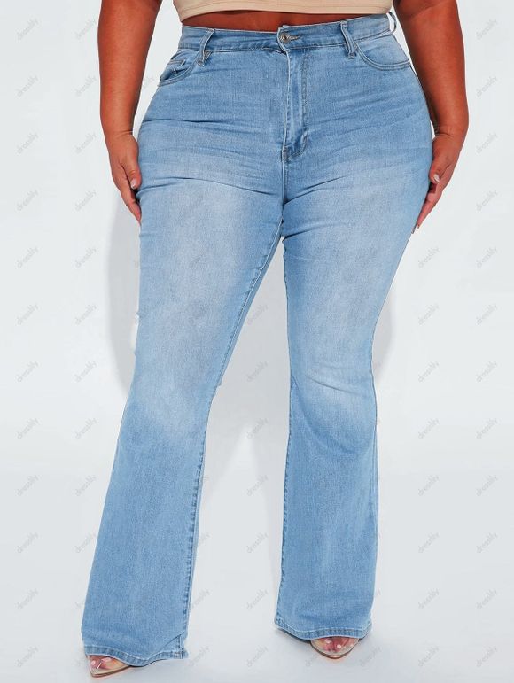 Jean Décontracté Délavé Feuille Brodée Zippé à Taille Haute en Denim Grande Taille - Bleu L