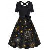 Celestial Sun Moon Star Galaxy Print Short Sleeve Dress Bowknot Cross High Waist A Line Dress