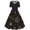 Robe Ligne A Etoile Lune Soleil Galaxie Imprimés à Taille Haute avec Nœud Papillon - Noir S
