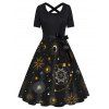Celestial Sun Moon Star Galaxy Print Short Sleeve Dress Bowknot Cross High Waist A Line Dress - BLACK XXL