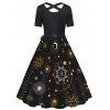 Celestial Sun Moon Star Galaxy Print Short Sleeve Dress Bowknot Cross High Waist A Line Dress - BLACK XXL