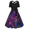 Celestial Sun Moon Star Galaxy Print Short Sleeve Dress Bowknot Cross High Waist A Line Dress