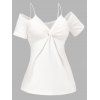 Cold Shoulder Twist Front T-shirt Pure Color Spaghetti Strap Short Sleeve Tee - WHITE XXL