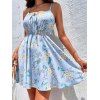 Flower Leaf Print Sundress Knot Tie Notched Spaghetti Strap High Waist Mini Dress - LIGHT BLUE 2XL