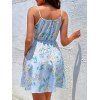 Flower Leaf Print Sundress Knot Tie Notched Spaghetti Strap High Waist Mini Dress - LIGHT BLUE 2XL