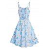 Flower Leaf Print Sundress Knot Tie Notched Spaghetti Strap High Waist Mini Dress - LIGHT BLUE 2XL