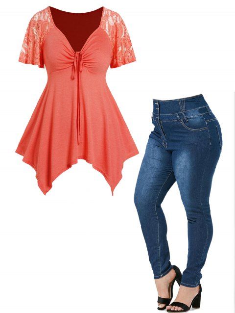 Plus Size Lace Panel Asymmetric Cinched Ruched T Shirt And Zipper Fly Pockets Button Long Jeans Casual Outfit