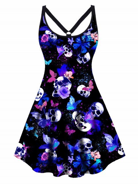 Plus Size Mini Dress Butterfly Flower Skull Print Cut Out Sleeveless High Waisted A Line Gothic Dress