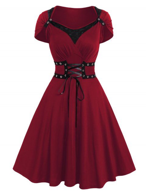 Gothic Dress Solid Color Grommet Lace Up Lace Panel High Waisted Dress Surplice A Line Mini Dress