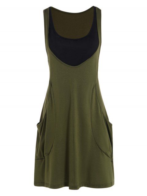 Large Pockets Low Cut Casual Mini Dress And Solid Color Tank Top Two Piece Set