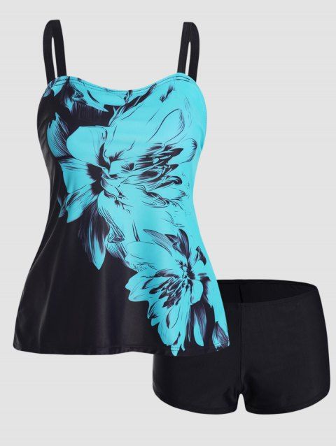 Flower Ink Painting Print Tankini Swimsuit Padded Adjustable Straps Tankini Two Piece Swimwear Boyleg Bathing Suit