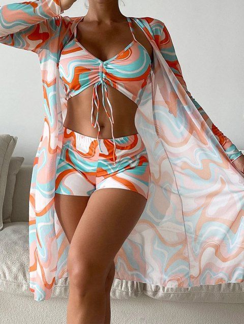 Vacation Bikini Swimsuit Colored Printed Cinched Boyshorts Sheer Cover-up Three Piece Bikini Set