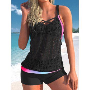 

Pastel Color Hollow Out Mesh Tankini Swimsuit Boyleg Tankini Two Piece Swimwear Padded Adjustable Strap Bathing Suit, Black