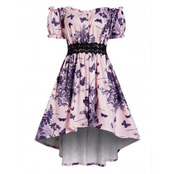 

Butterfly Flower Print Dress Off The Shoulder Ruffle Lace Panel Scalloped High Waisted A Line Midi Dress, Light pink
