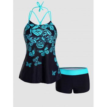 

Contrasting Butterfly Print Tankini Swimsuit Adjustable Straps Crossover Padded Halter Tankini Two Piece Swimwear Boyleg Bathing Suit, Blue